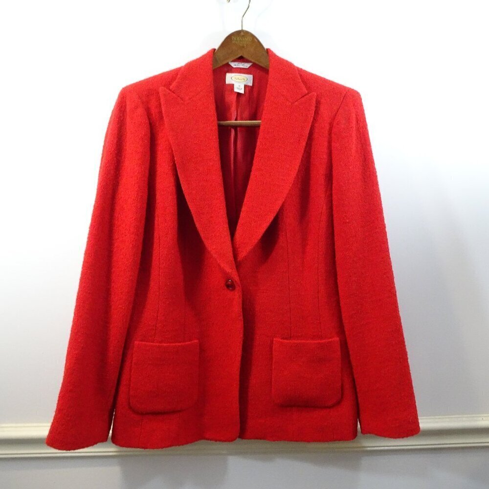 TALBOTS Red Wool Blend Blazer Vintage Size 12 Italian Fabric 1-Button Textured